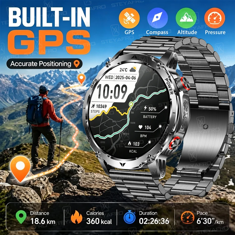 Smartwatch M Active - メンズミリタリースマートウォッチ GPS搭載 1100mAhバッテリー 10ATM防水 アウトドアスポーツウォッチ コンパス、懐中電灯、心拍数測定機能付き