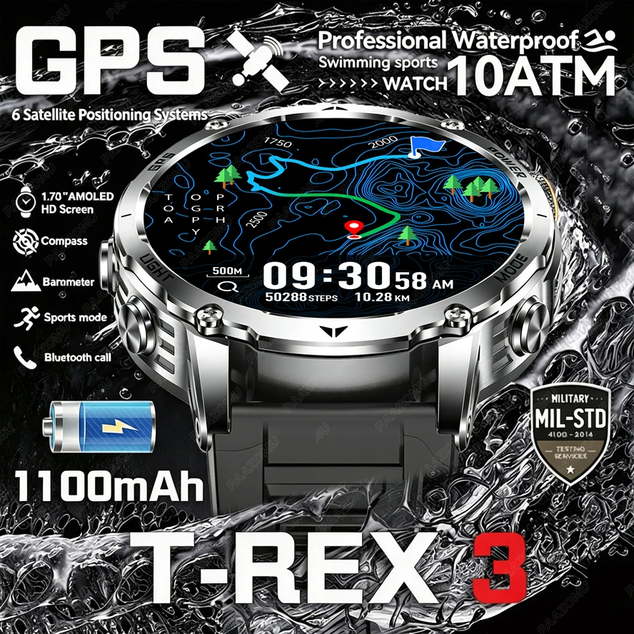 Smartwatch M Active - T-Rex 3 ミリタリーグレードスマートウォッチ 1100mAhバッテリー 10ATM防水 GPSコンパス高度計付き